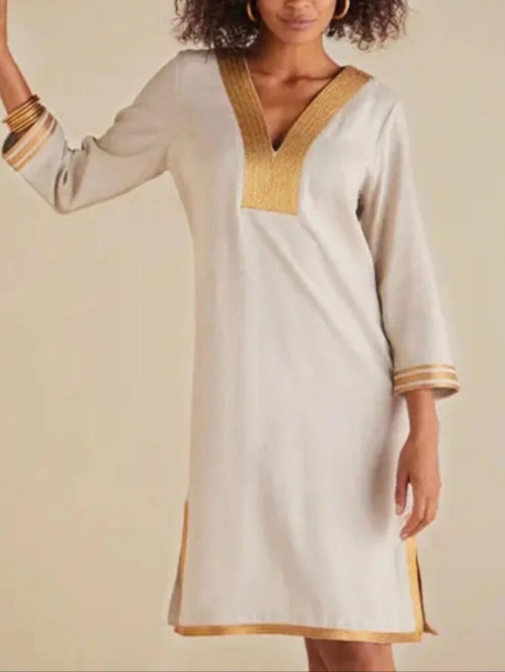 Soft Surroundings linen-blend tunic dress In oatmeal/flax with a gold braid trim